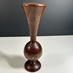 Vintage Hand Carved Wooden Vases Floral Leaf Design Gold Inlay Decor Art Boho